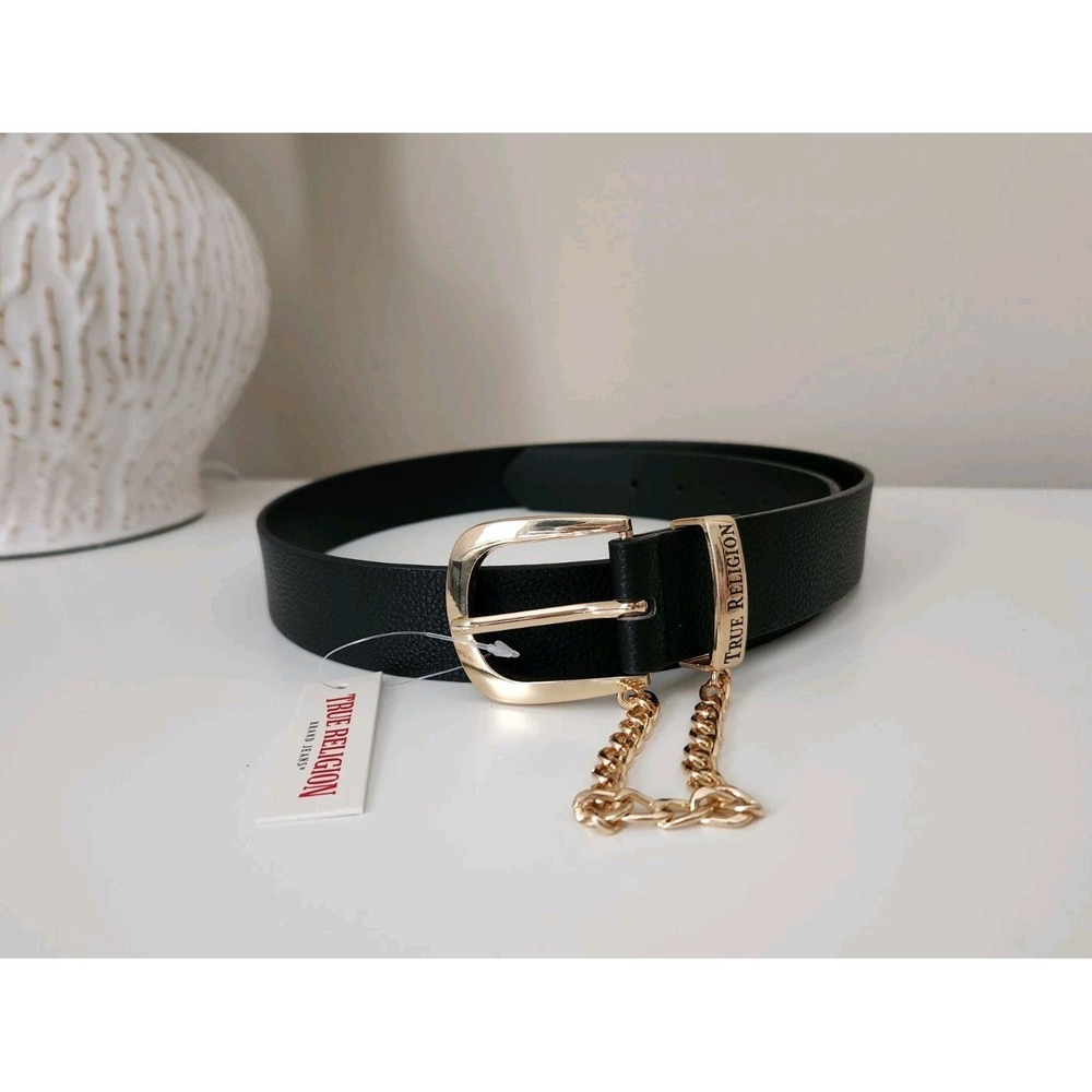 True Religion Black Leather Belt with Gold Chain Accent